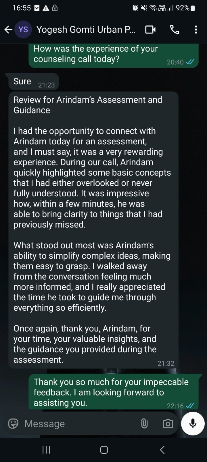 Yogesh feedback